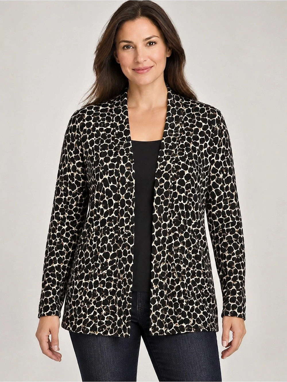 Chico's Animal Print Open Front Jacket Black Brown Size 1